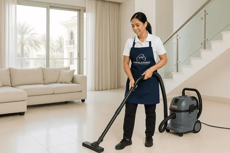Twin Cleaners maid vacuuming a Dubai villa