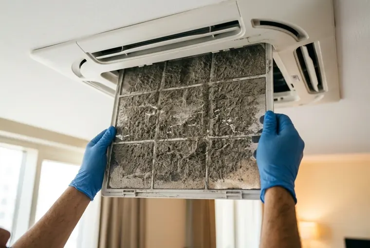 A dust-clogged air conditioner filter pulled from a wall unit in a Dubai home