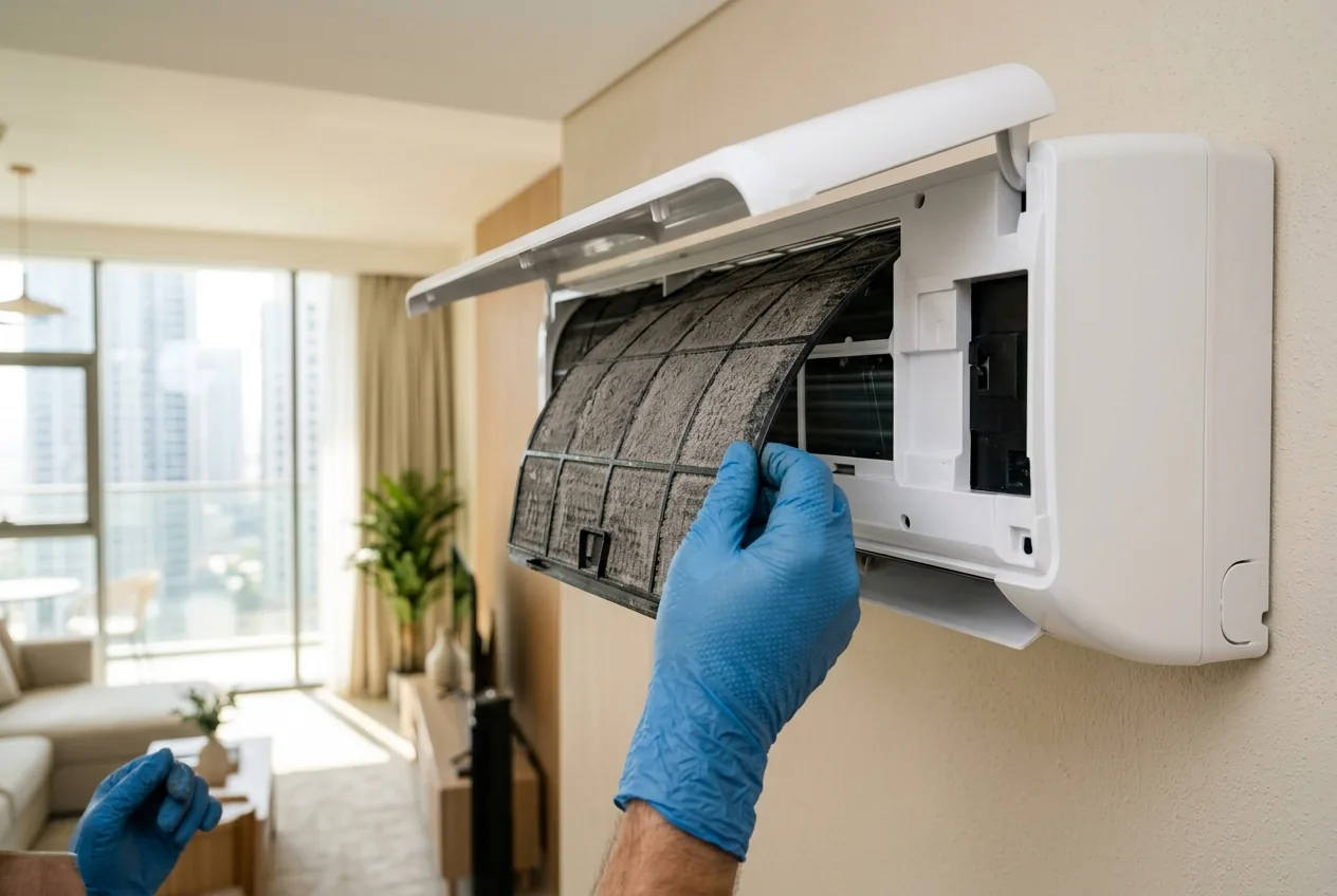 Gloved hands removing a dust-coated air-conditioner filter from a wall-mounted split unit in a Dubai home