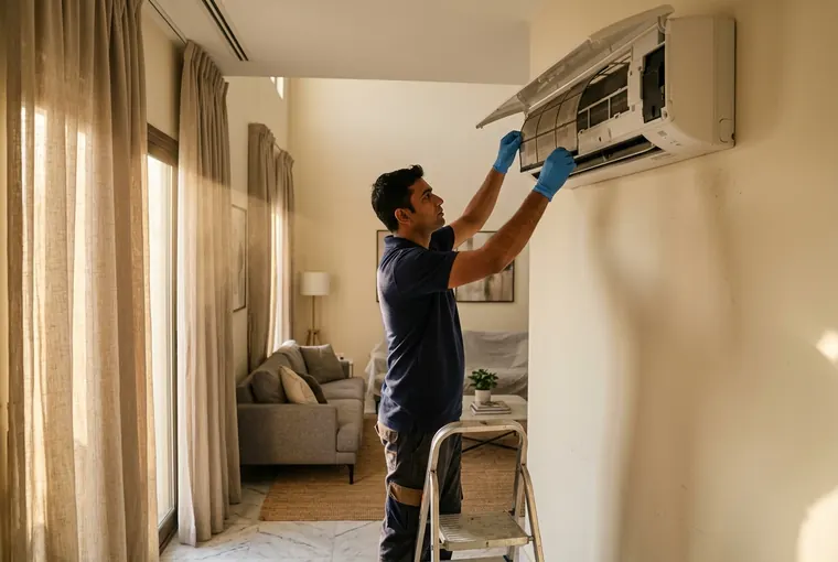 A Twin Cleaners technician removing the filter from a wall-mounted AC unit in a Dubai villa