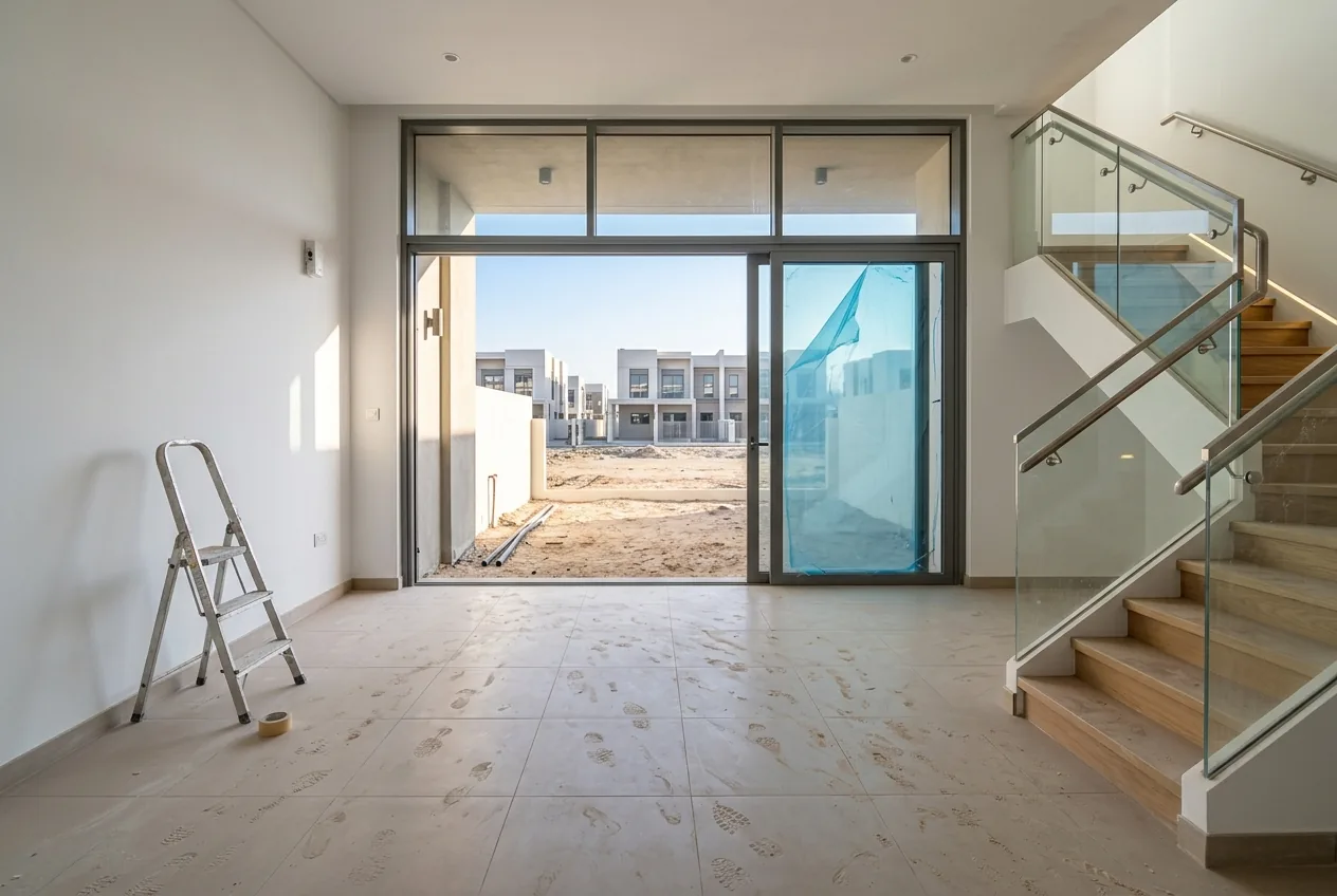 An empty new Emaar townhouse in Arabian Ranches 3 on handover day, builder dust and footprints across the tiles and protective film still on the sliding glass door