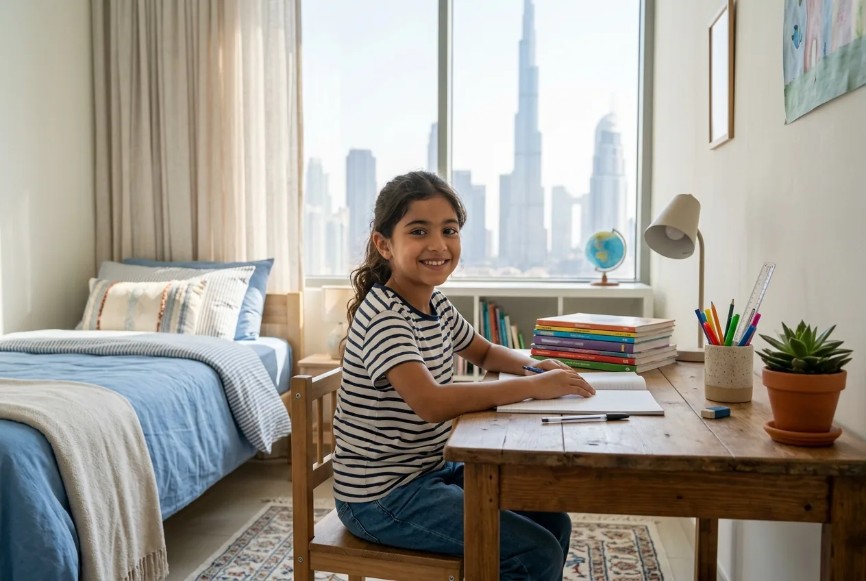 A child at a tidy, freshly cleaned study desk in a Dubai bedroom, ready for the new term