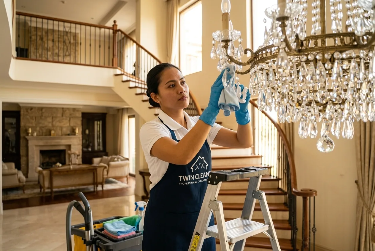 A Twin Cleaners cleaner on a step-ladder cleaning a crystal chandelier in a Dubai villa