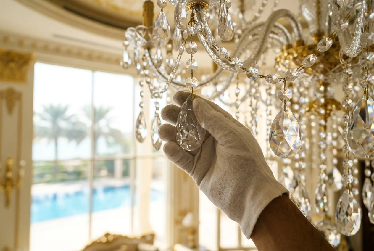 A white-gloved hand cleaning the sparkling crystal drops of a chandelier