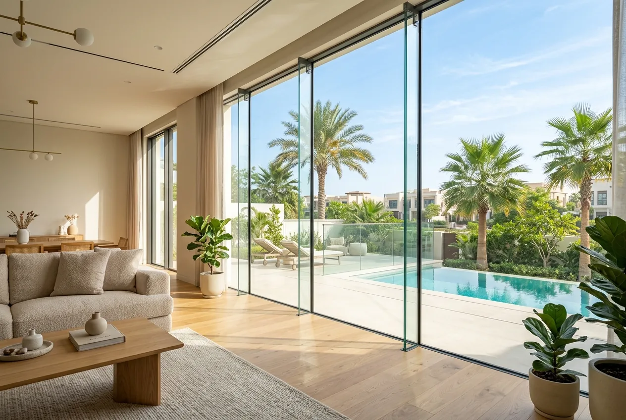 A spotless floor-to-ceiling villa window letting bright daylight into a Dubai living room
