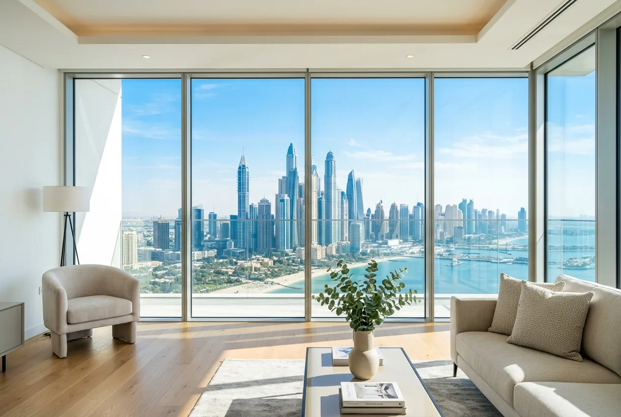 Pristine floor-to-ceiling windows with a bright Dubai Marina view