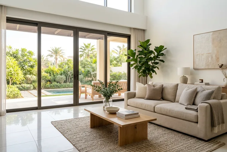 A bright, freshly cleaned Dubai villa living room with morning light across the floor