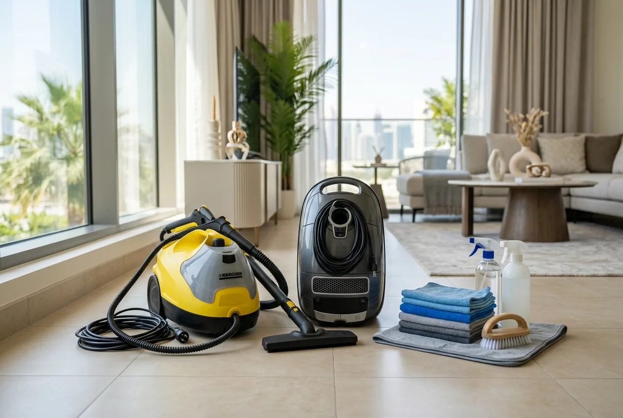 Professional home-cleaning equipment in a Dubai villa: a steam cleaner, a HEPA-filter vacuum and folded microfibre cloths