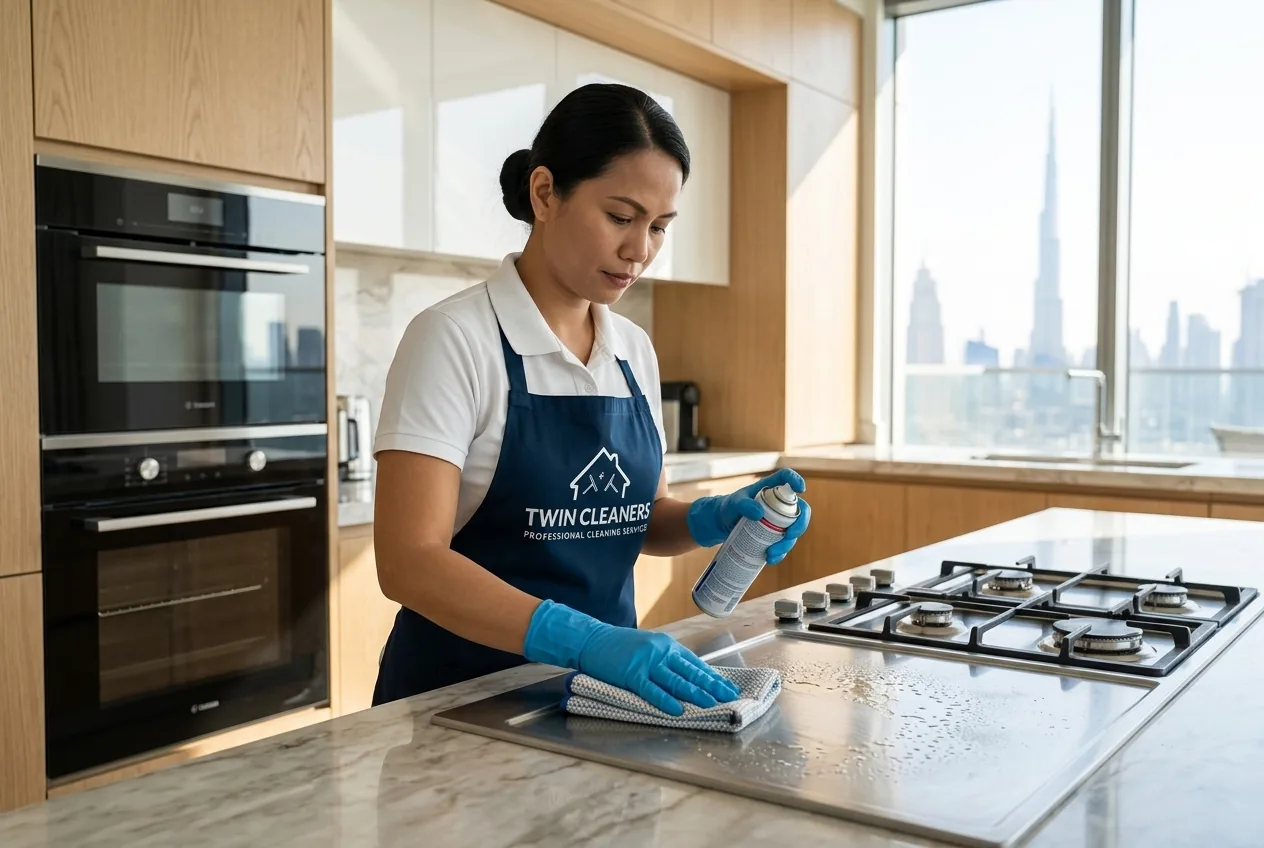 A Twin Cleaners cleaner deep-cleaning a modern Dubai villa kitchen stovetop
