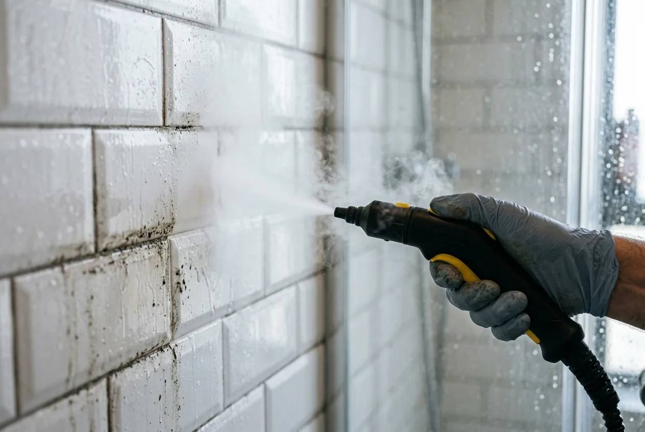 A steam cleaner lifting grime from tile grout during a Dubai deep clean