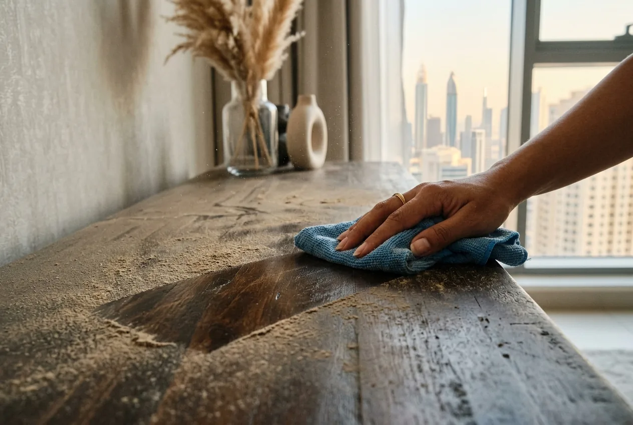A hand wiping a stripe of fine desert dust off a wooden console in a Dubai home