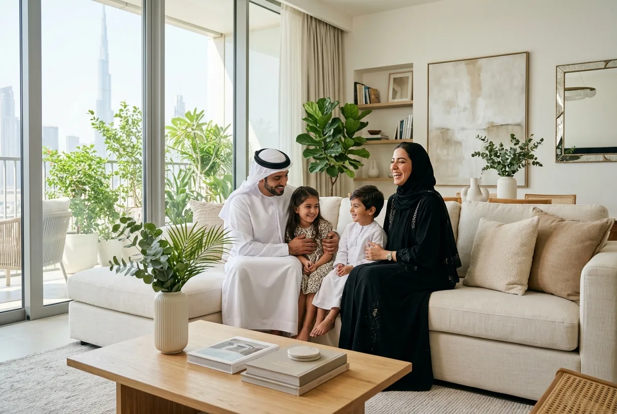 An Emirati family relaxing in their bright, spotlessly clean Dubai living room