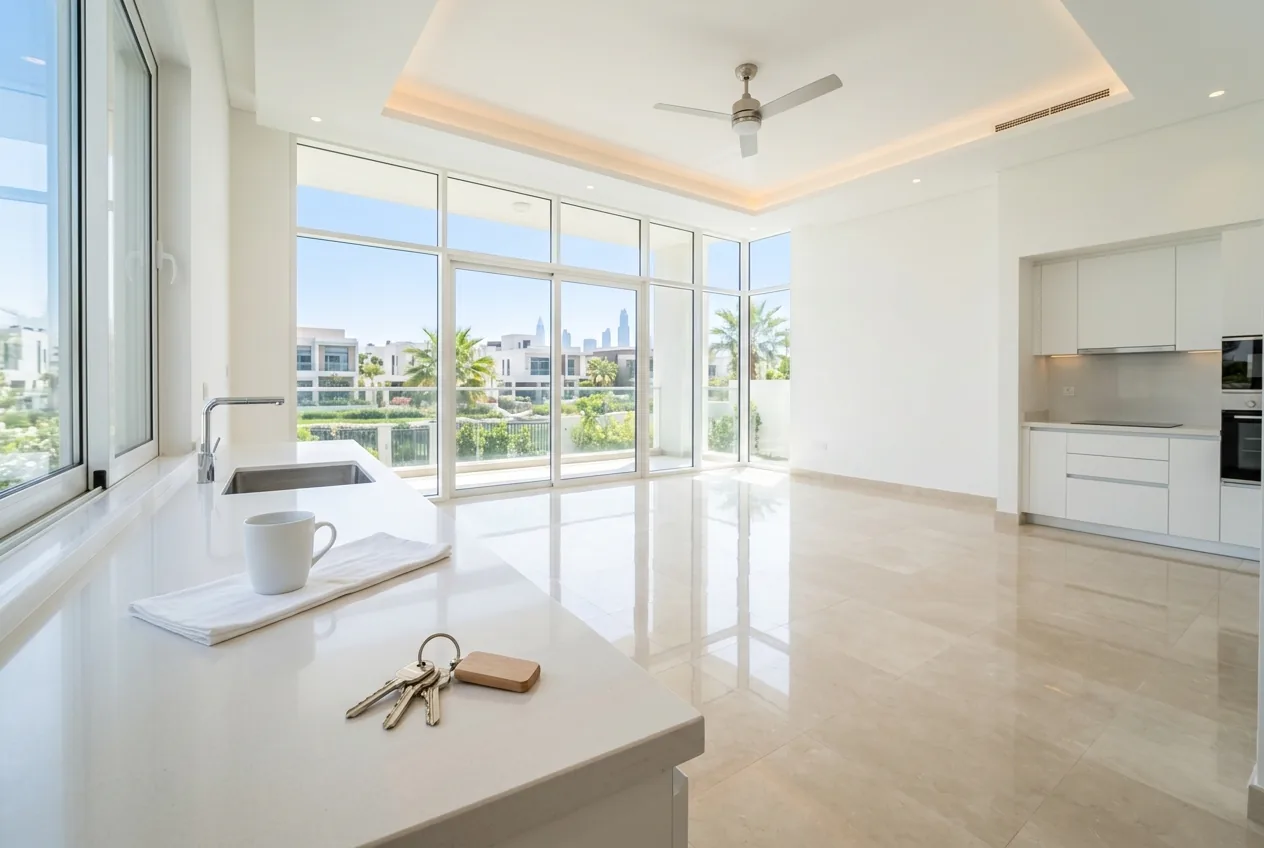 A spotless, empty Dubai villa room with keys on the counter, ready for handover