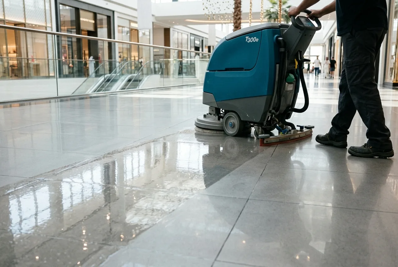 A professional floor scrubbing machine cleaning a polished commercial floor in Dubai