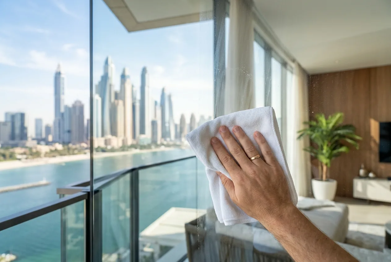A microfibre cloth wiping a window to a streak-free finish in a Dubai home