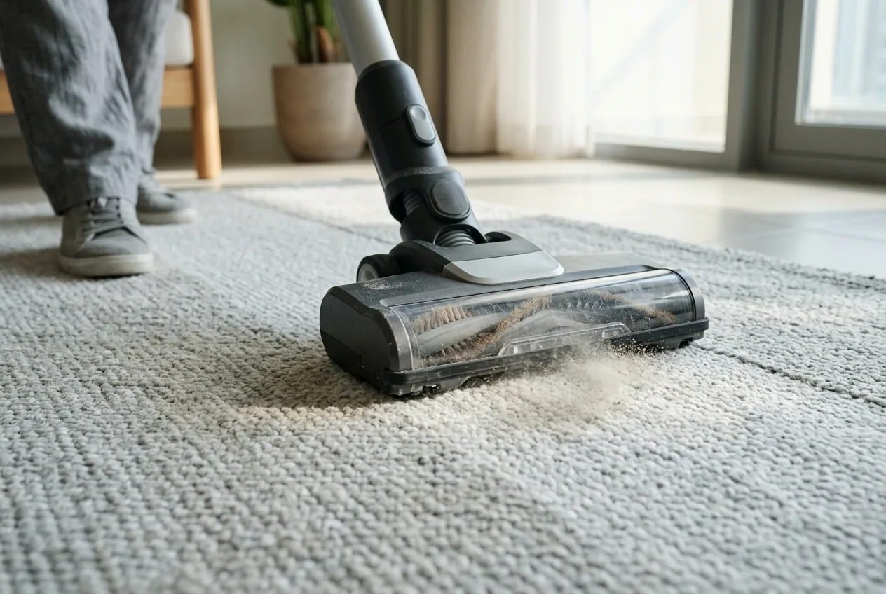 A HEPA-filter vacuum lifting fine desert dust from a living-room rug in a Dubai home