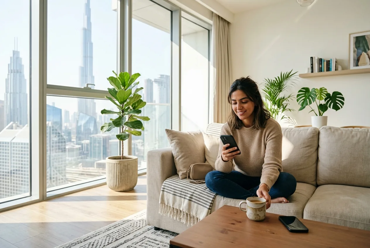 A Dubai resident relaxing with a coffee in her clean, tidy apartment