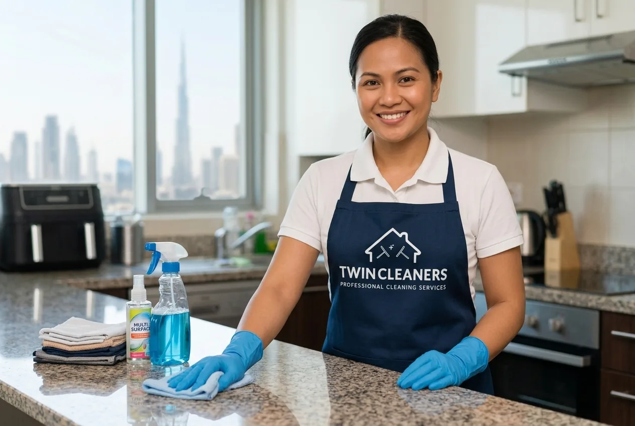A Twin Cleaners housekeeper cleaning a kitchen counter in a bright Dubai apartment