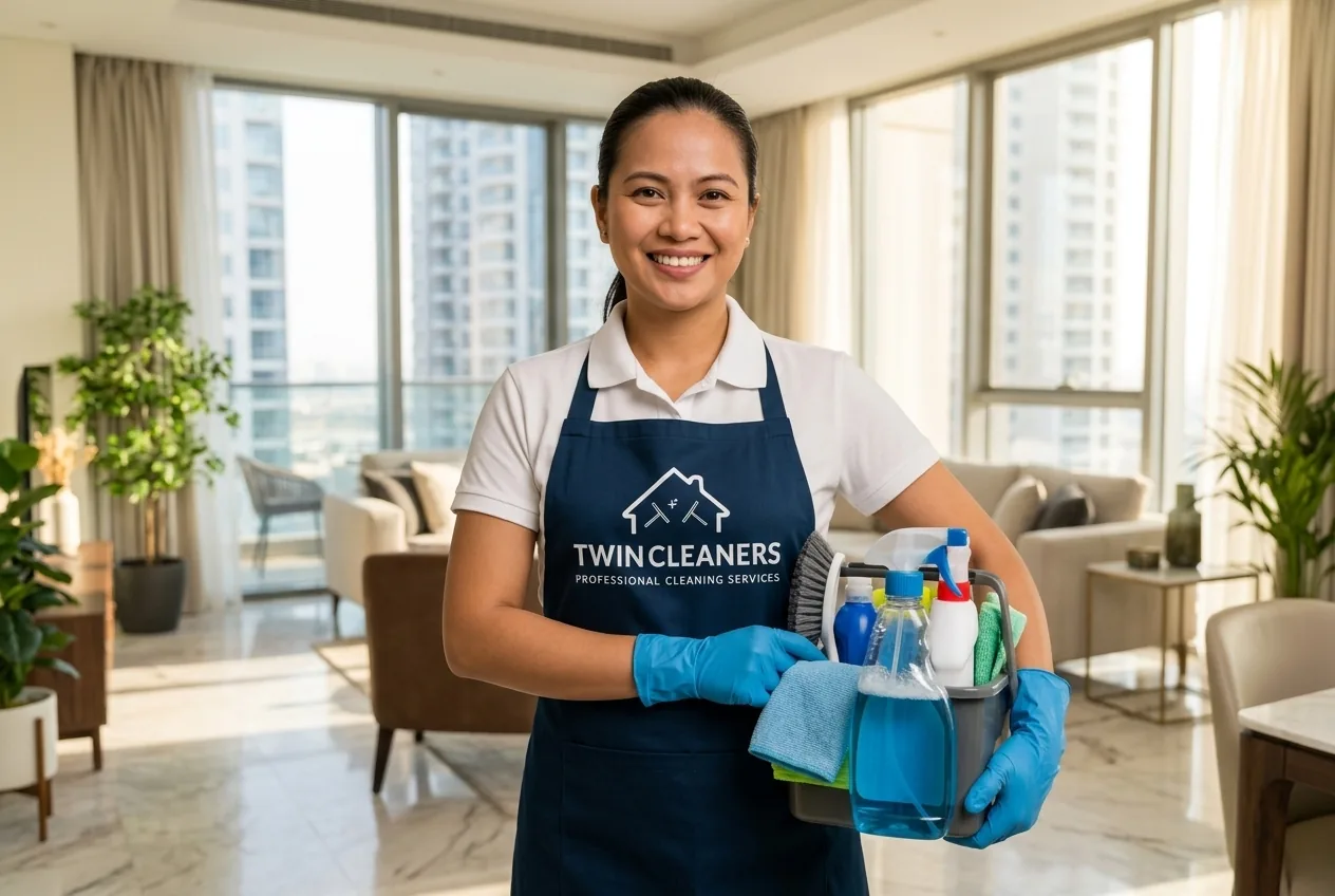 A friendly Twin Cleaners housekeeper in a navy uniform holding a cleaning caddy in a bright home
