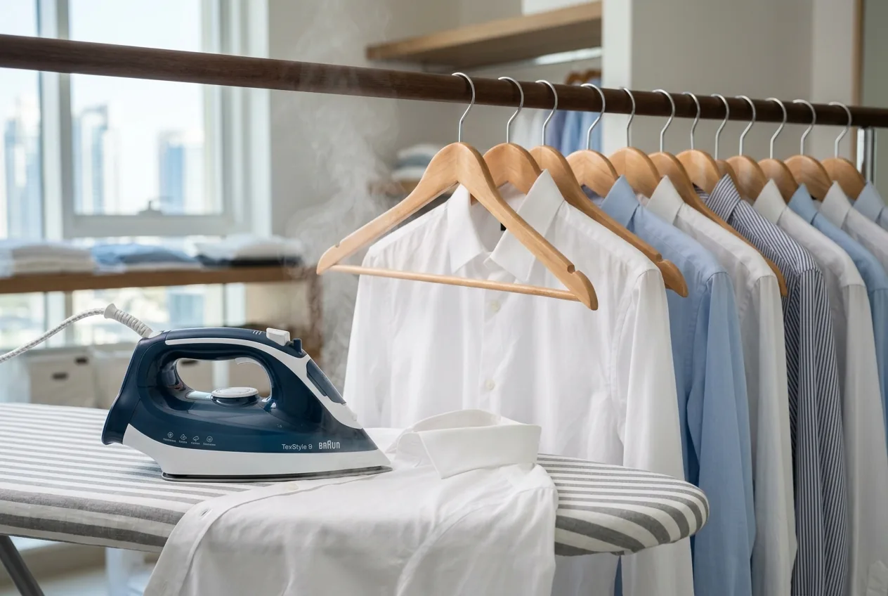 Freshly ironed crisp shirts on hangers beside a steam iron in a Dubai home