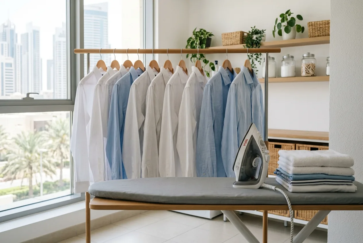 Crisply ironed shirts on a rail with neatly folded laundry in a bright Dubai laundry room
