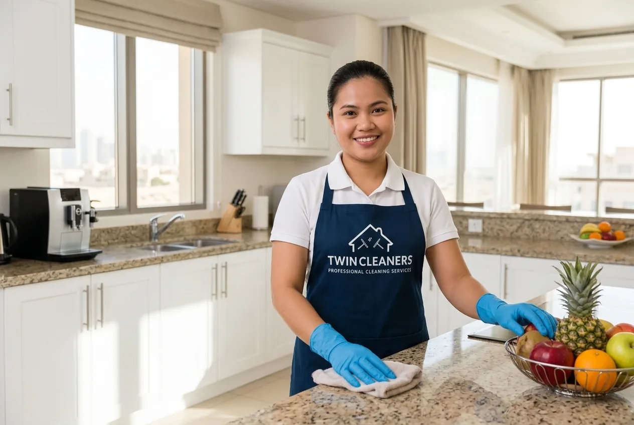 A friendly Twin Cleaners maid in uniform tidying a bright Dubai villa kitchen