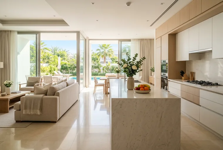 A bright, spotless Dubai villa kitchen and living area kept effortlessly fresh by a regular housekeeping plan
