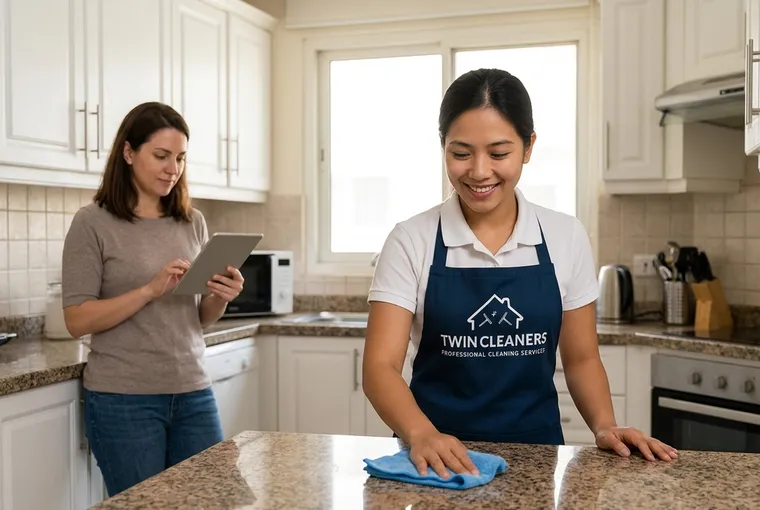 A Twin Cleaners maid in branded uniform wiping a kitchen counter while the client checks her tablet nearby
