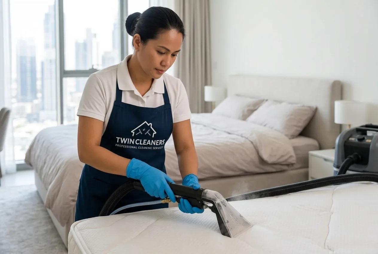 A Twin Cleaners cleaner deep-cleaning a mattress with a professional extraction wand in a Dubai bedroom
