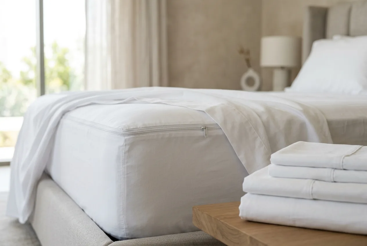 A zipped mattress protector fitted to a bed with fresh white bedding in a Dubai bedroom