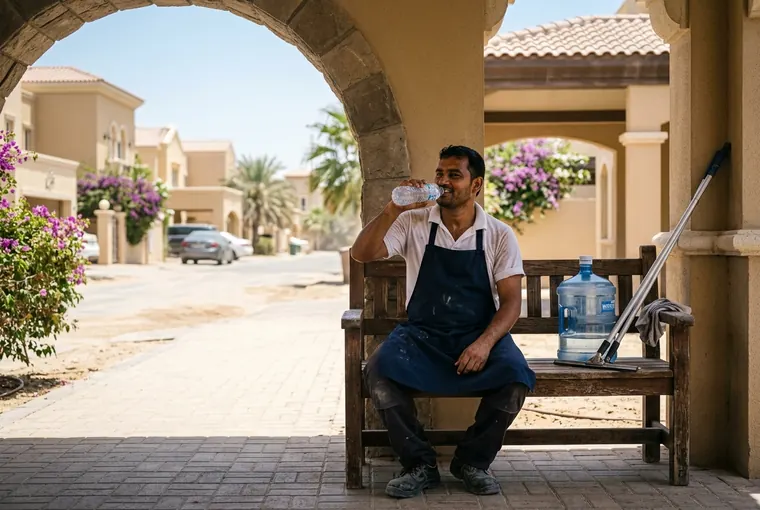 A Twin Cleaners crew member rests in the shade with water during the UAE midday break, with a sunlit Dubai villa street behind him