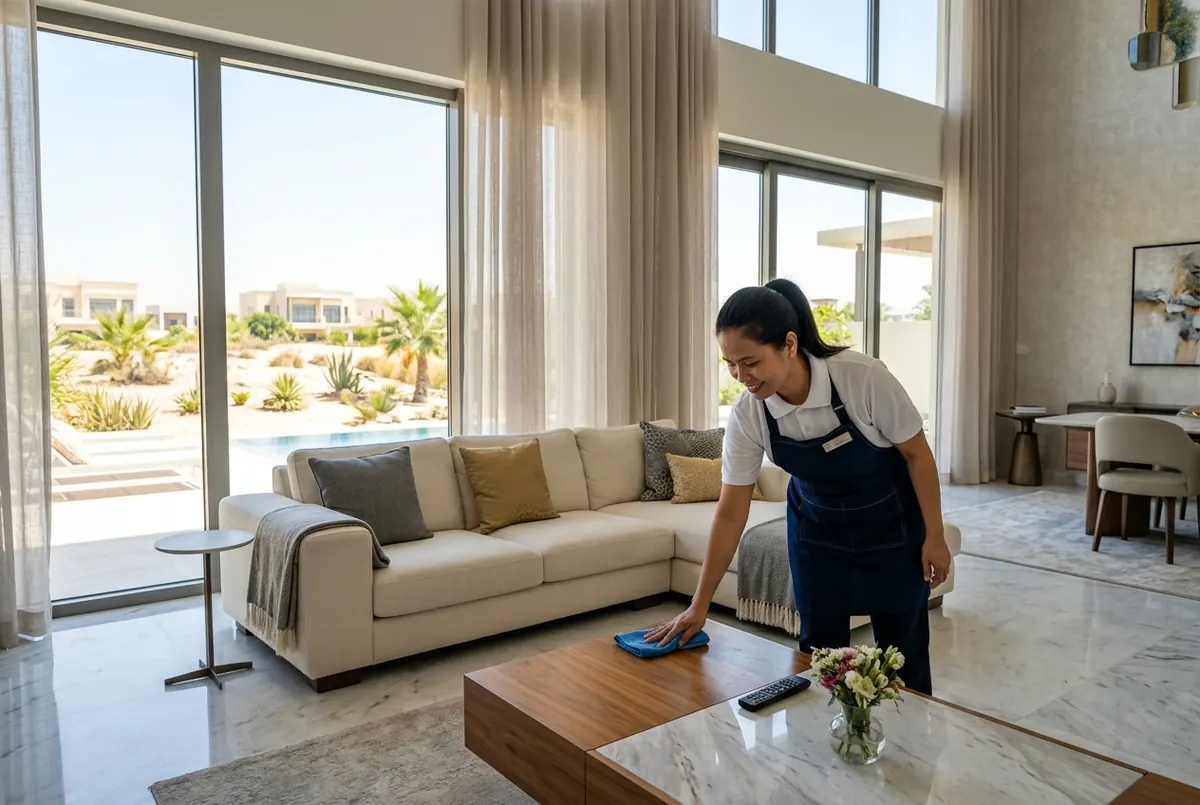 A Twin Cleaners maid cleans a bright villa living room while the midday sun blazes outside the windows