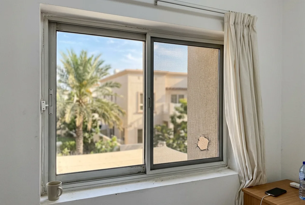 An open sliding window in a Dubai villa bedroom with a mosquito screen that has a small torn hole near the bottom