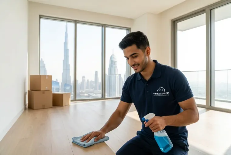 An empty Dubai apartment on moving day with boxes and a cleaner preparing it