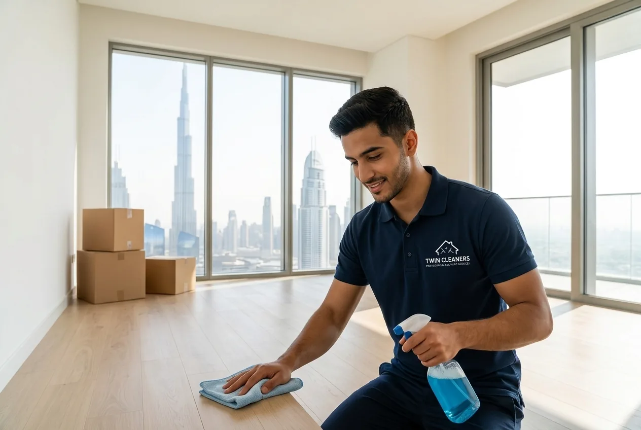 An empty Dubai apartment on moving day with boxes and a cleaner preparing it