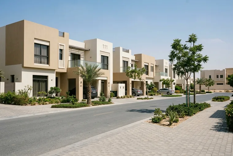 A quiet street of modern sand-coloured townhouses with small front gardens and young trees in Mudon, Dubailand