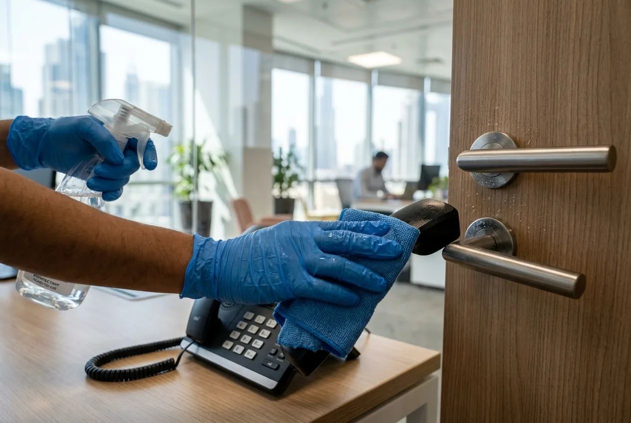 A gloved hand disinfecting a high-touch office door handle and desk phone