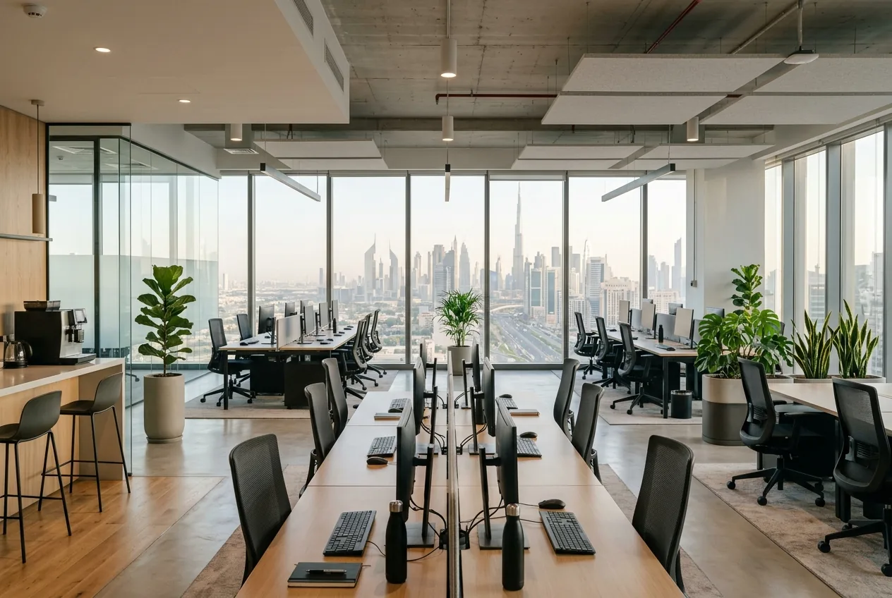 A bright, clean, modern open-plan Dubai office with tidy desks and a city view
