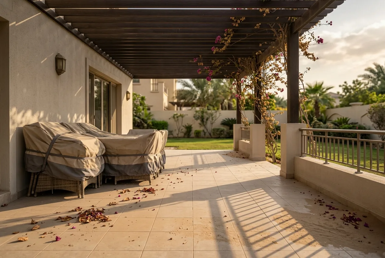 A Dubai villa terrace at the end of summer, patio tiles dulled with desert dust and the outdoor furniture still under its covers beneath a pergola