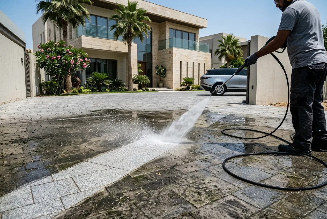 A Dubai villa driveway being pressure washed, showing the clean and dirty contrast