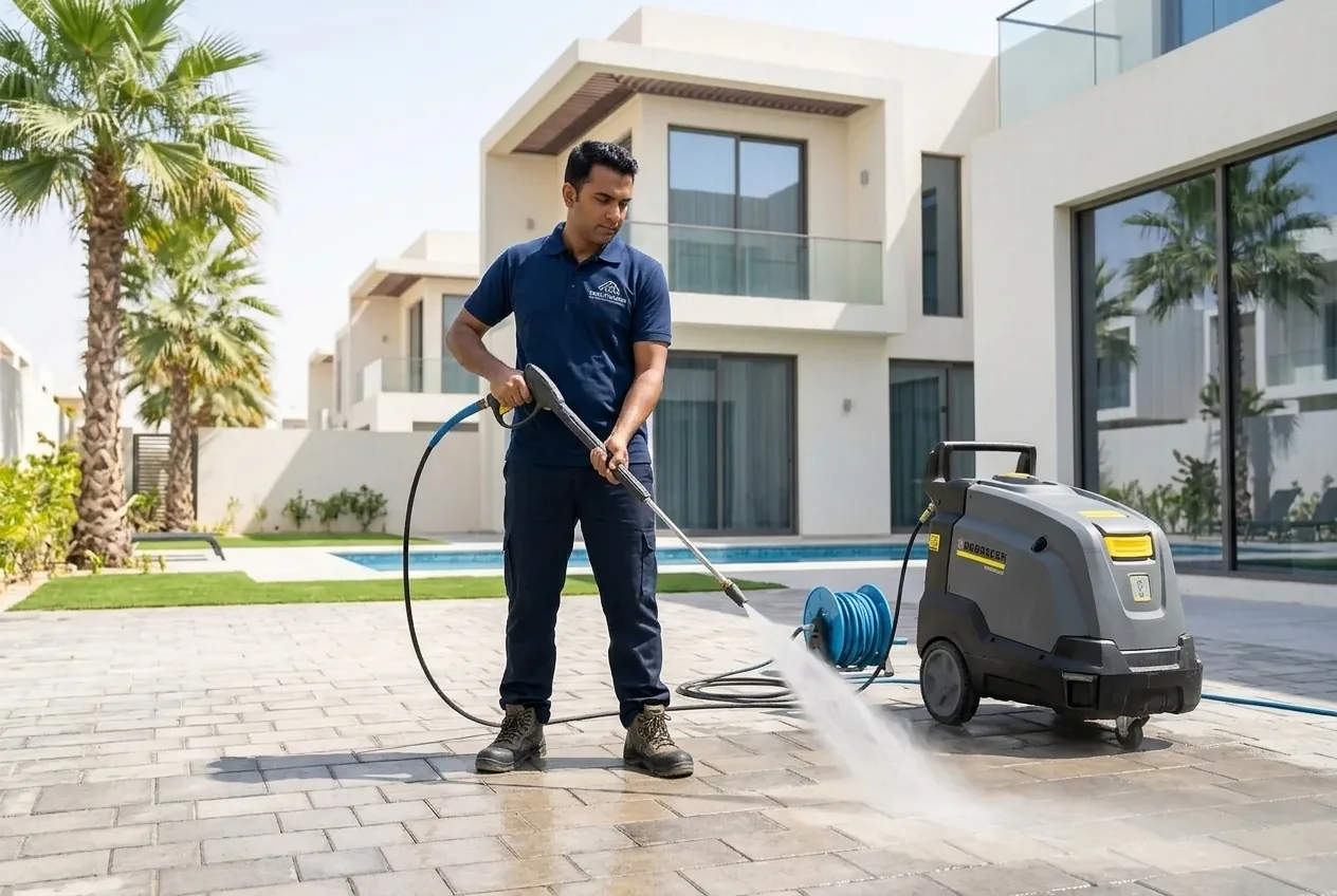 A Twin Cleaners technician pressure washing a Dubai villa driveway with a professional Karcher machine