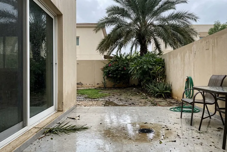 A Dubai villa patio after rain, with puddles on the wet tiles around a floor drain and a grey sky over the garden wall