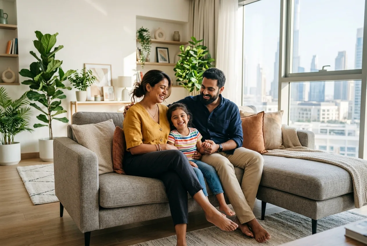 A happy family relaxing in a bright, spotlessly clean Dubai living room