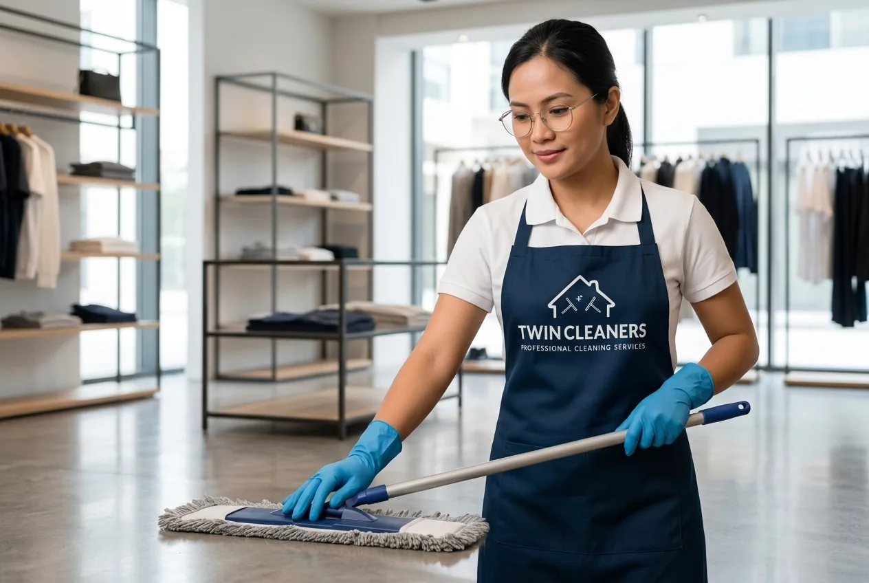 A Twin Cleaners cleaner mopping the floor of an upscale Dubai retail boutique