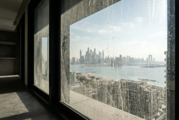 A salt- and dust-streaked floor-to-ceiling window overlooking the Dubai skyline