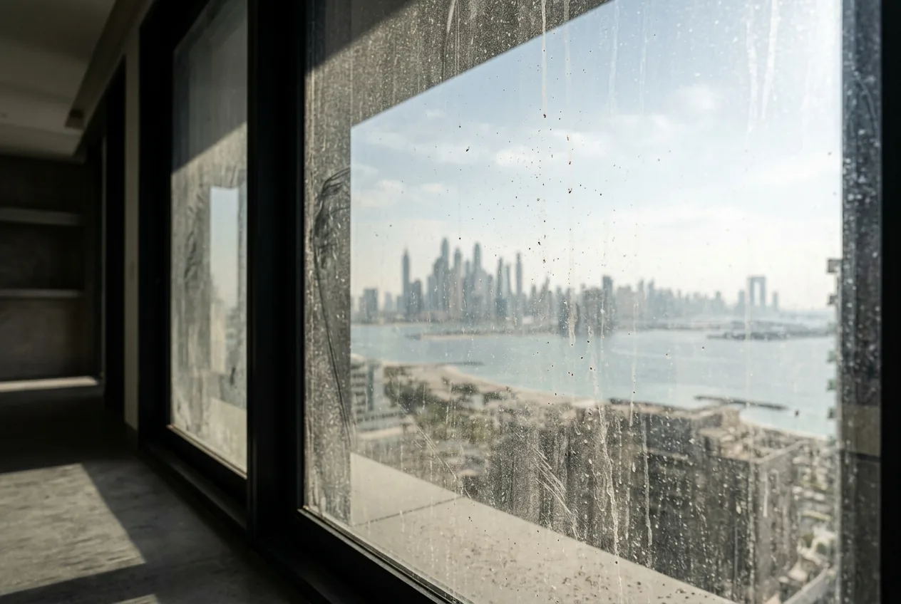 A salt- and dust-streaked floor-to-ceiling window overlooking the Dubai skyline