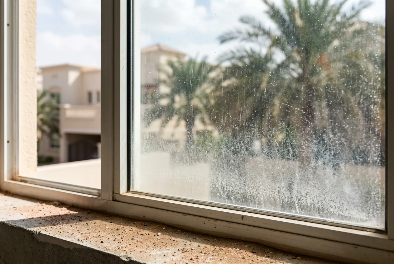 A Dubai window with fine sand pitting and a salt haze on the glass