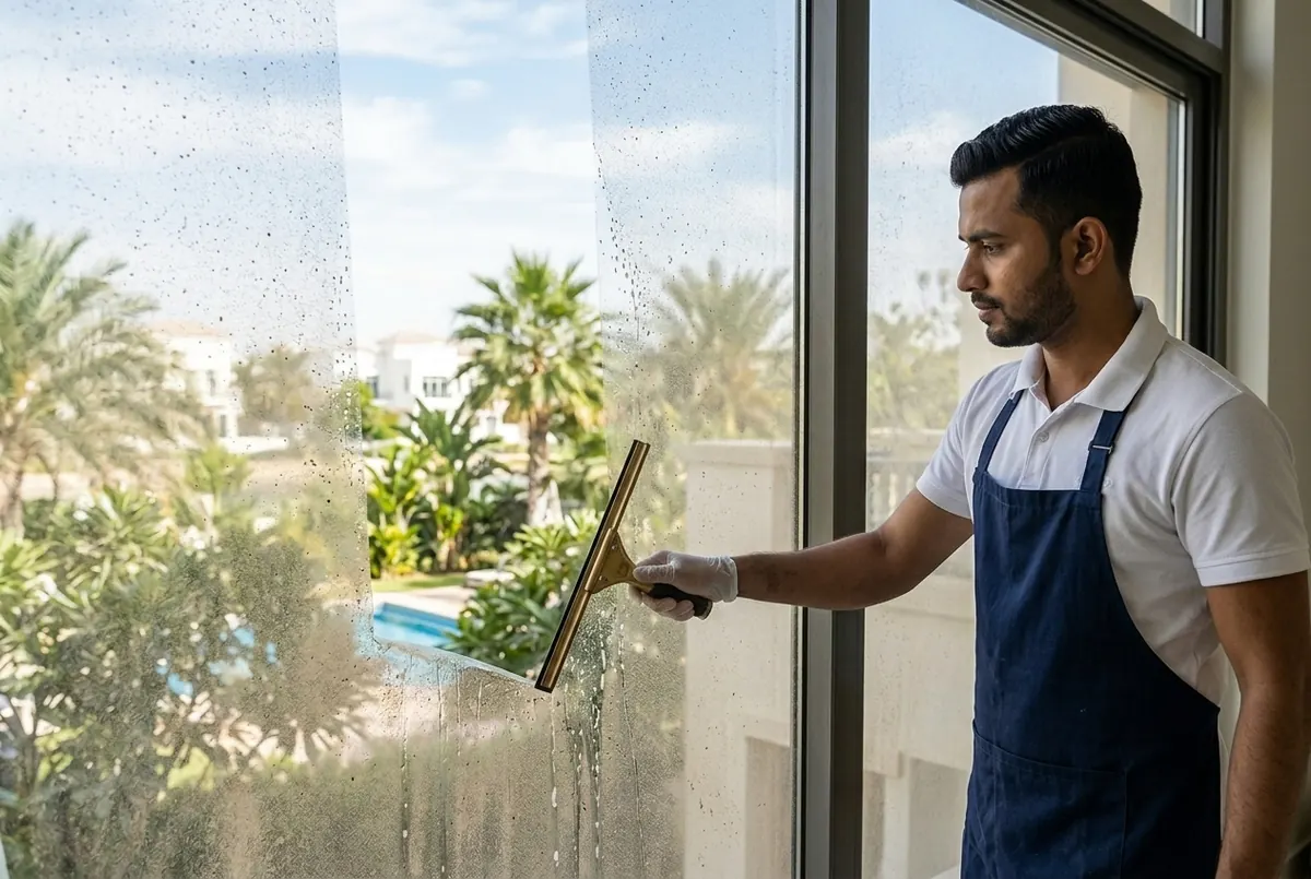 A cleaner reveals a clean stripe through dust-coated villa glass with a squeegee