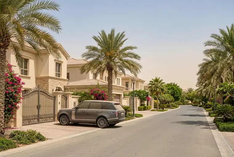 A Dubai villa community street on a hazy summer day, with a light dust film on a parked car after blowing dust