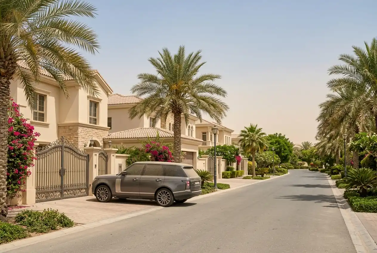 A Dubai villa community street on a hazy summer day, with a light dust film on a parked car after blowing dust
